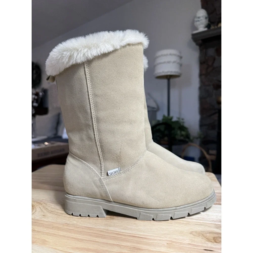 Sporto Boots Women's Sz 7 Mid Calf Pull On Winter Snow Boot Camel Suede Leather